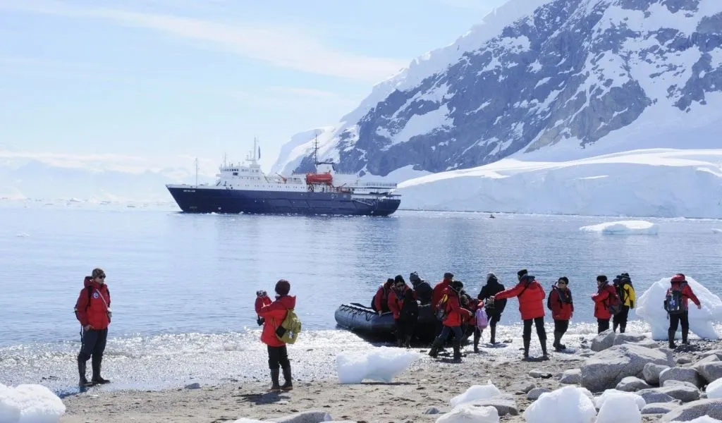 People boarding a Zodiac boat in Antarctica