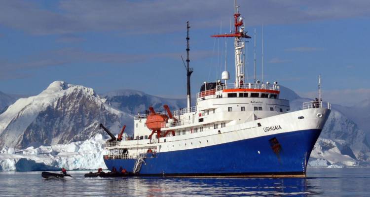 Small expedition ship in Antarctic waters