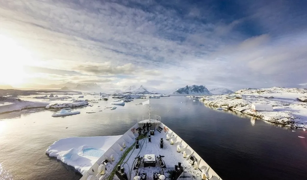Expedition ship travelling through Antarctic waters