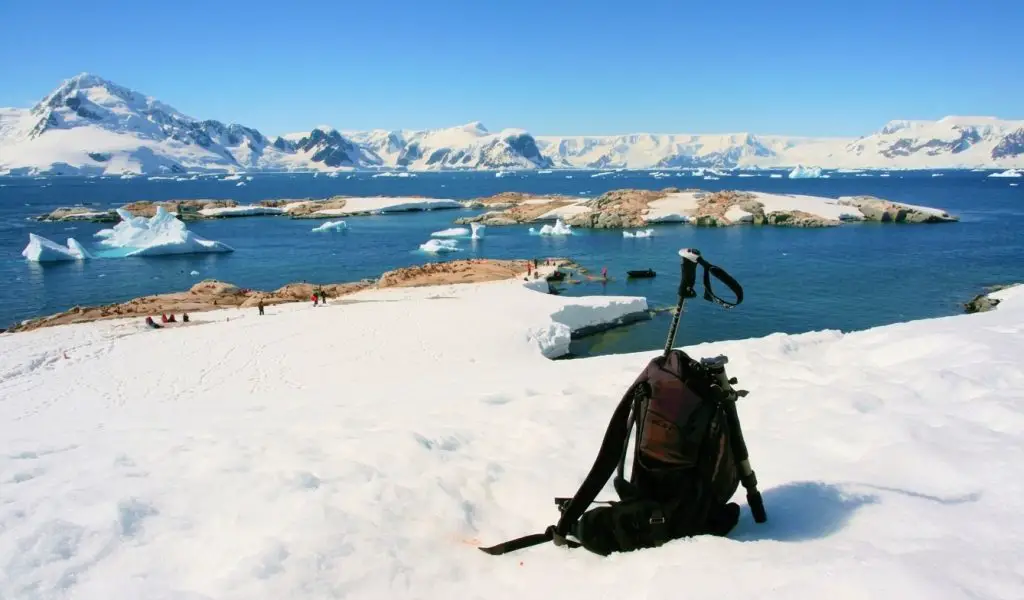 Waterproof backpack on an Antarctic landing